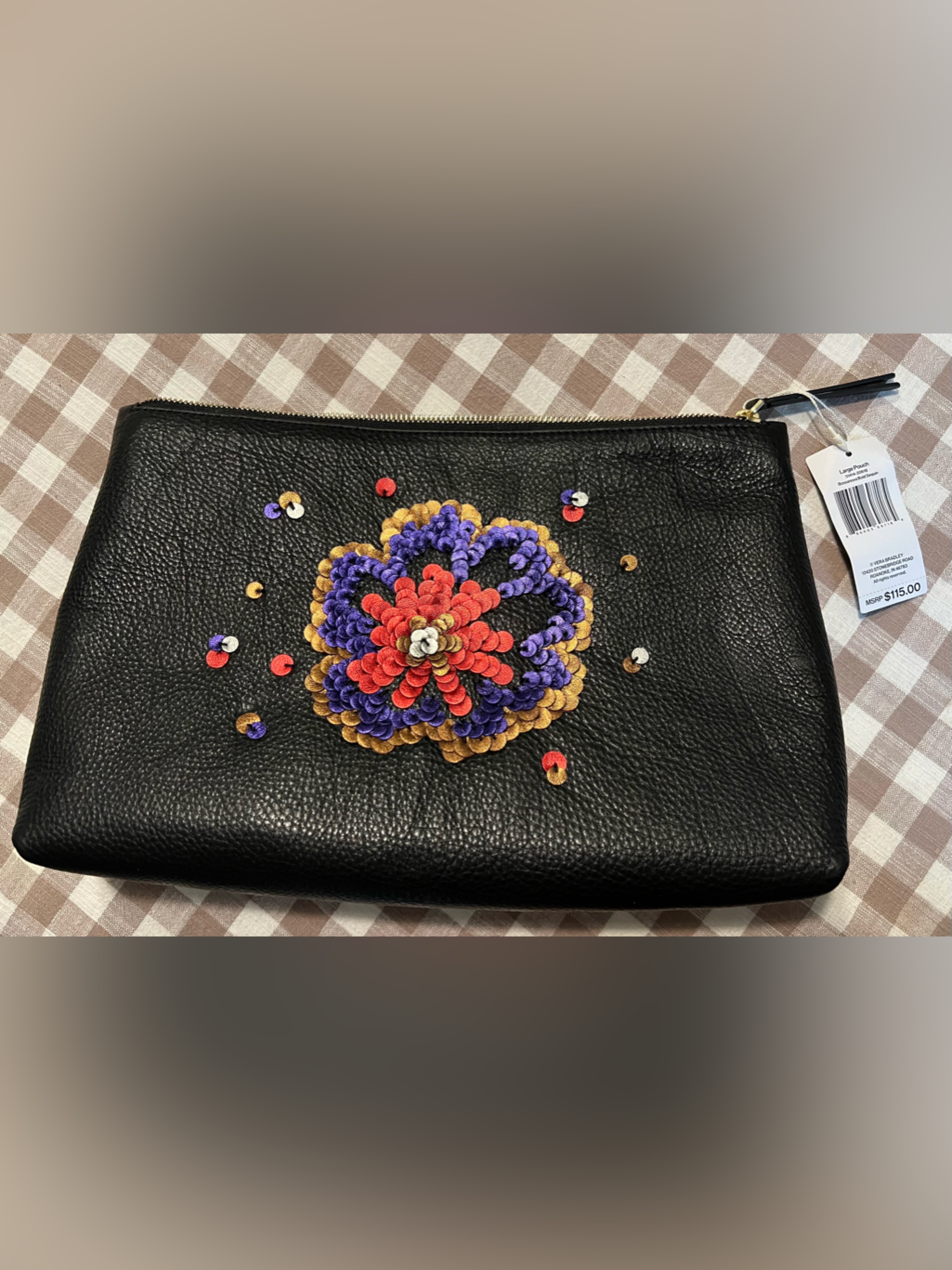 Vera Bradley Large Black Sequin Leather Pouch With Sequin Design Nwt Gorgeous